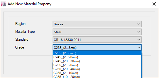 База данных российских материалов в ETABS